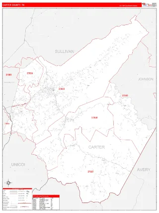Carter County, TN RedLine style ZIP Code wall map
