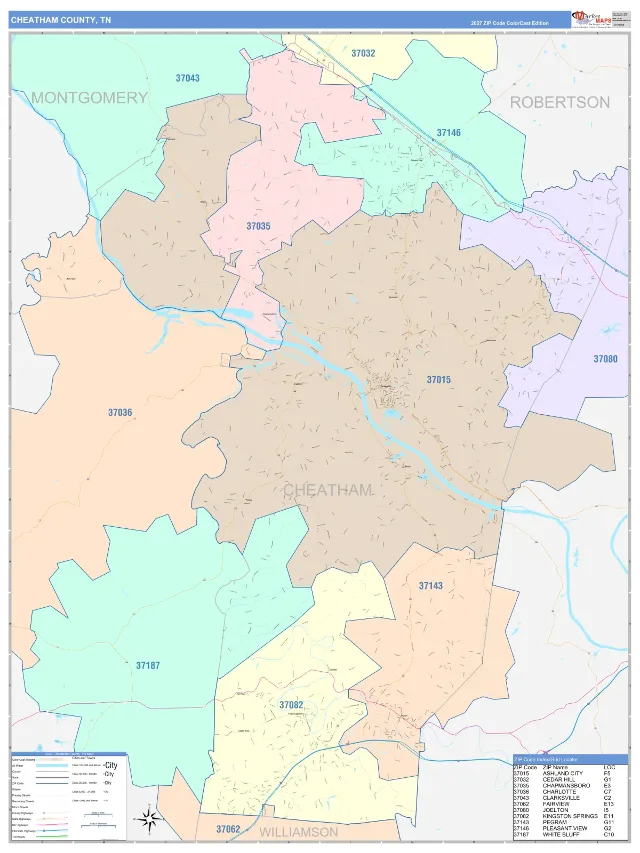 Cheatham County, TN ZIP Code Wall Map, ColorCast style