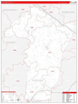 Cheatham County, TN RedLine style ZIP Code wall map