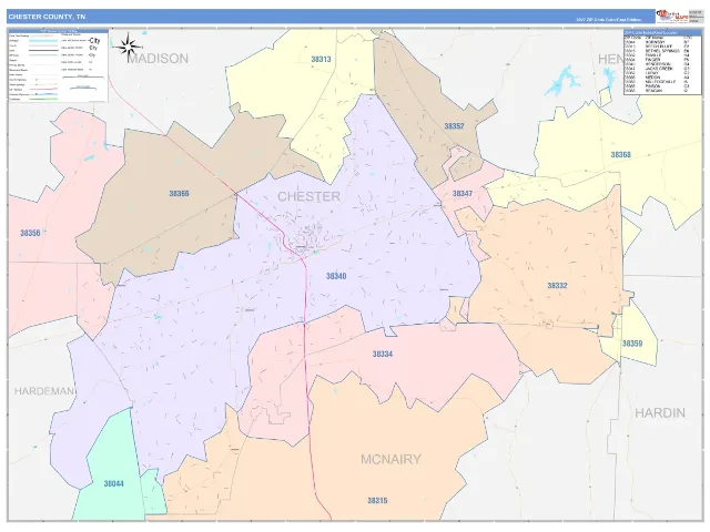 Chester County, TN ZIP Code Wall Map, ColorCast style