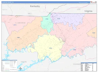 Claiborne County, TN ColorCast style ZIP Code wall map