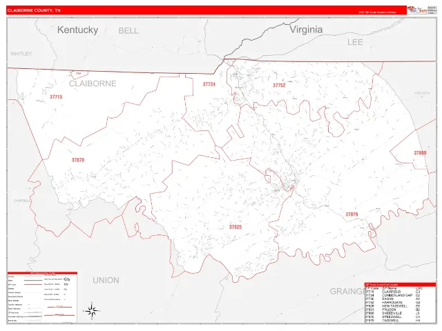 Claiborne County, TN ZIP Code Wall Map, RedLine style