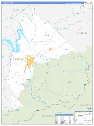 Cocke County, TN Business Reference style ZIP Code wall map