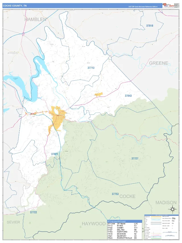 Cocke County, TN ZIP Code Wall Map, Business Reference style