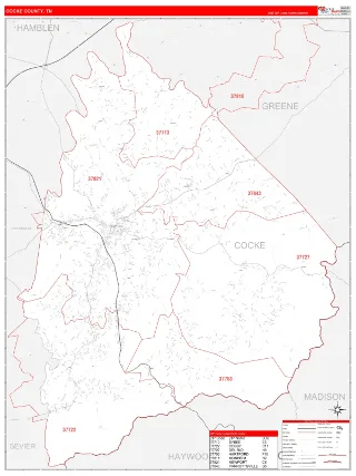 Cocke County, TN RedLine style ZIP Code wall map