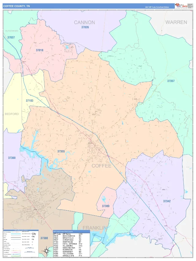 Coffee County, TN ZIP Code Wall Map, ColorCast style