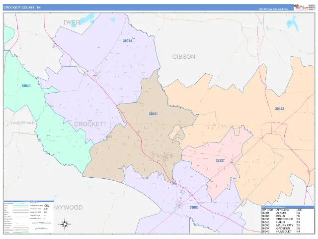 Crockett County, TN ZIP Code Wall Map, ColorCast style