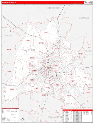 Davidson County, TN RedLine style ZIP Code wall map