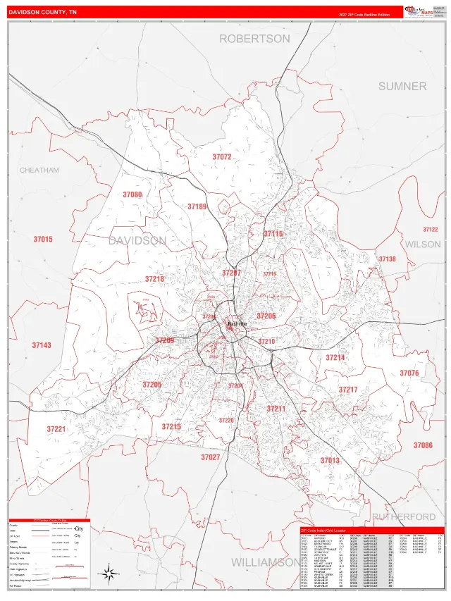Davidson County, TN ZIP Code Wall Map, RedLine style