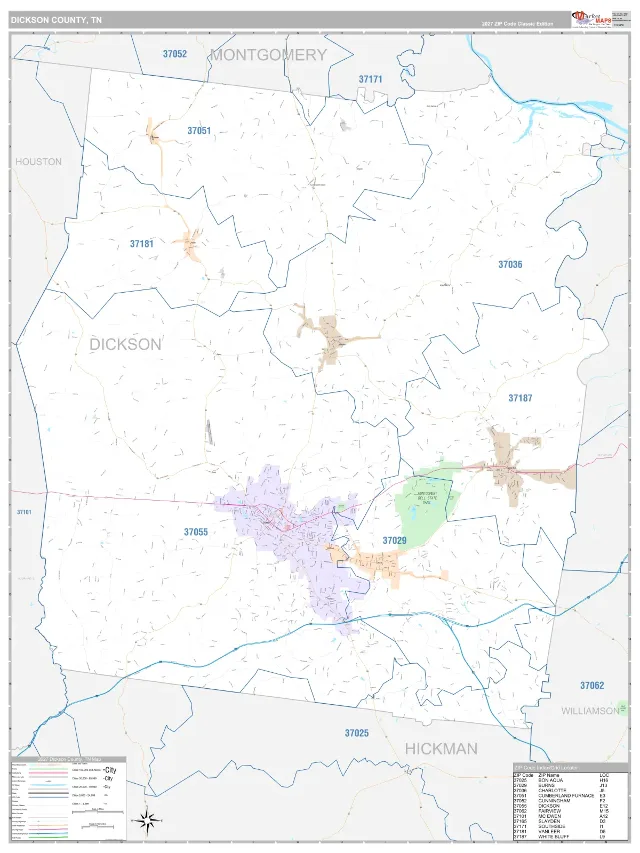 Dickson County, TN ZIP Code Wall Map, Classic style