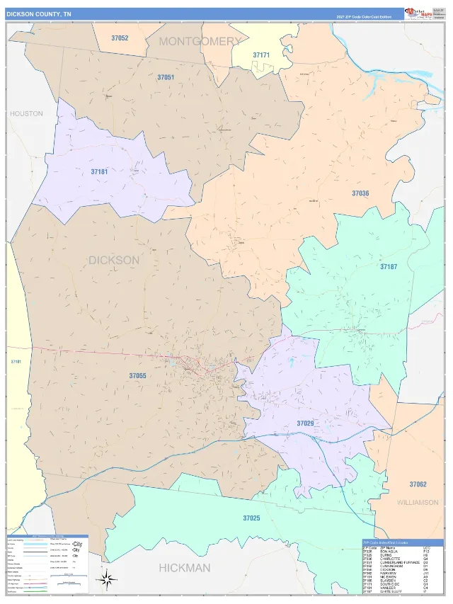 Dickson County, TN ZIP Code Wall Map, ColorCast style