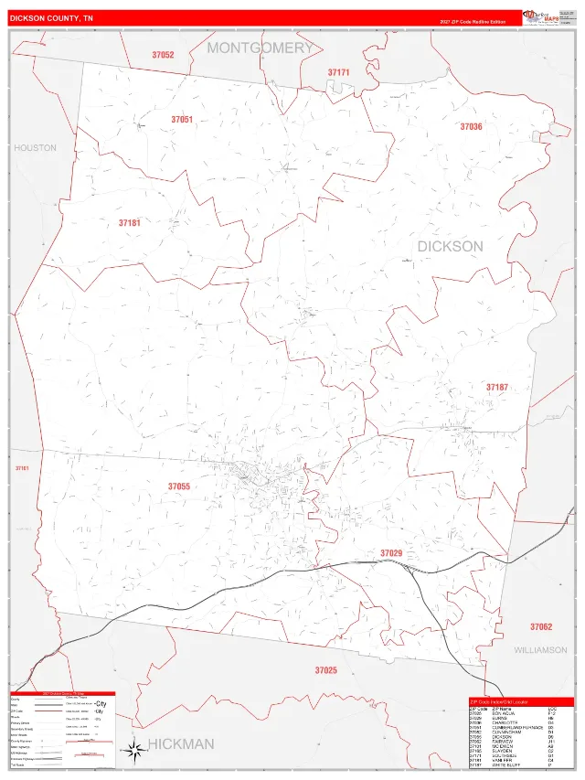 Dickson County, TN ZIP Code Wall Map, RedLine style