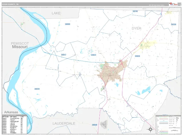 Dyer County, TN ZIP Code Wall Map, Classic style