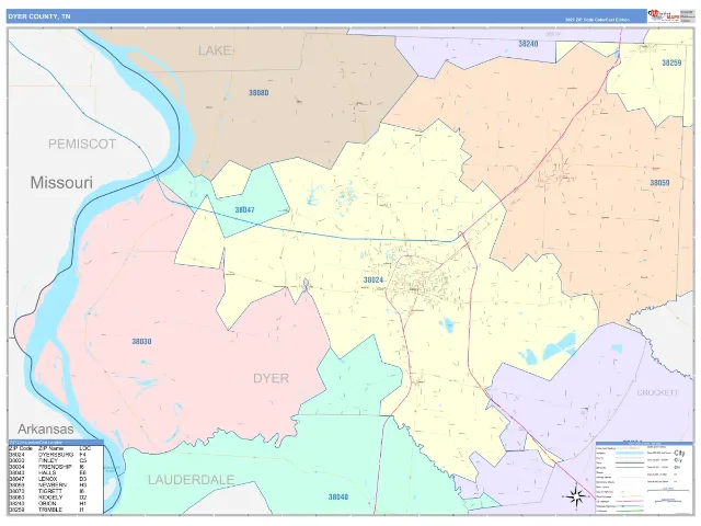 Dyer County, TN ZIP Code Wall Map, ColorCast style