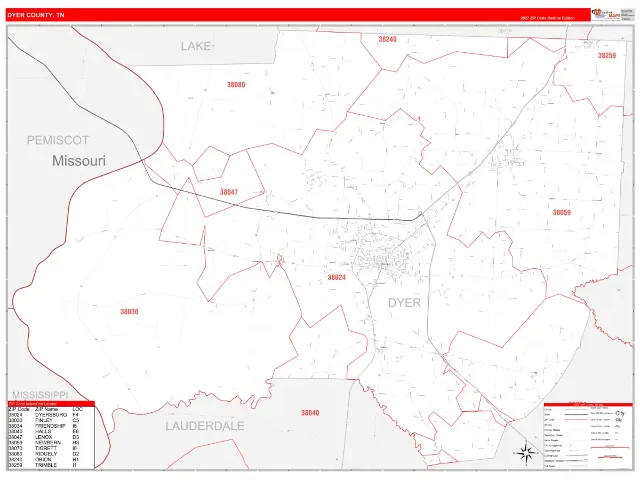 Dyer County, TN ZIP Code Wall Map, RedLine style