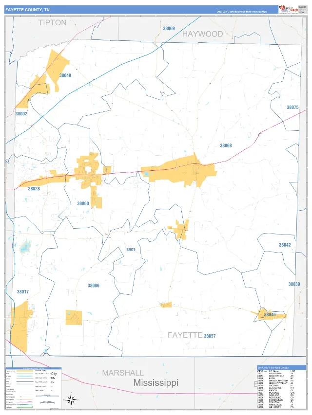 Fayette County, TN ZIP Code Wall Map, Business Reference style