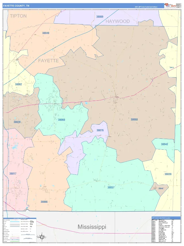 Fayette County, TN ZIP Code Wall Map, ColorCast style