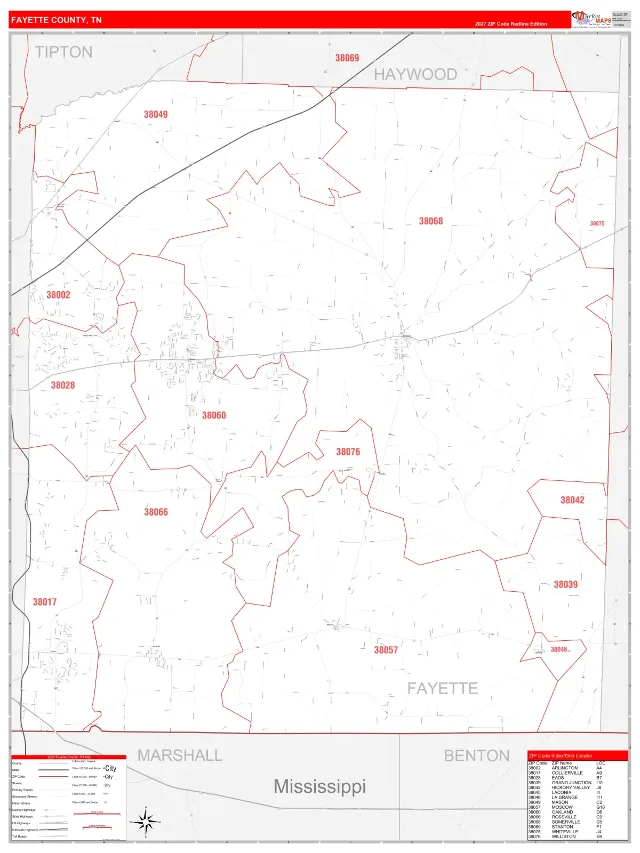 Fayette County, TN ZIP Code Wall Map, RedLine style