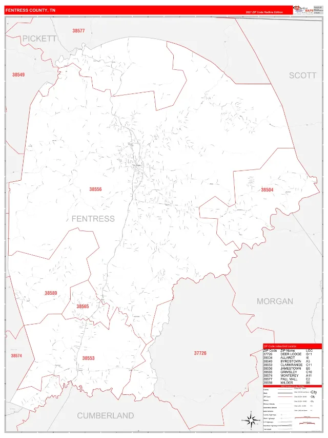 Fentress County, TN ZIP Code Wall Map, RedLine style