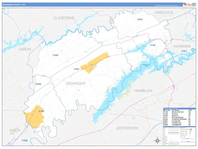 Grainger County, TN ZIP Code Wall Map, Business Reference style