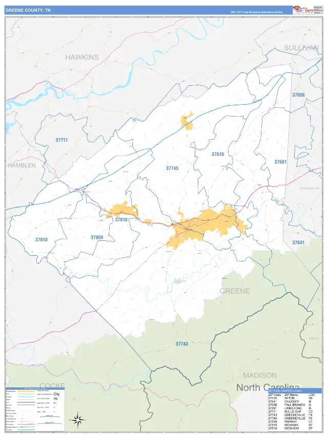 Greene County, TN ZIP Code Wall Map, Business Reference style