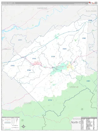 Greene County, TN Classic style ZIP Code wall map