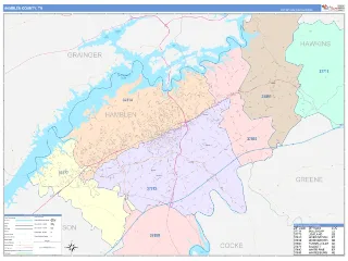 Hamblen County, TN ColorCast style ZIP Code wall map