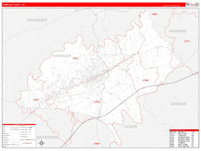 Hamblen County, TN ZIP Code Wall Map, RedLine style