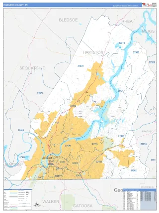 Hamilton County, TN Business Reference style ZIP Code wall map