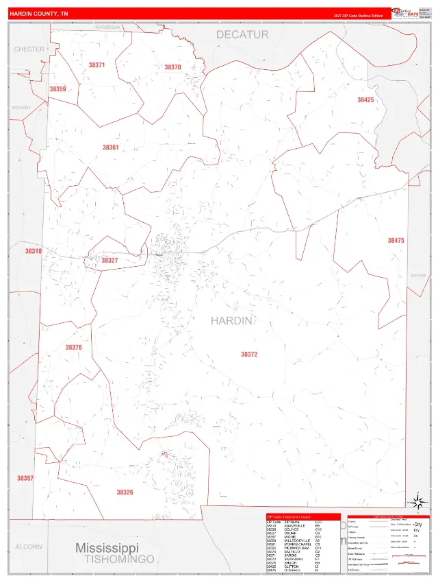 Hardin County, TN ZIP Code Wall Map, RedLine style