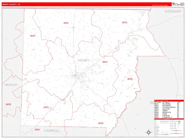 Henry County, TN ZIP Code Wall Map, RedLine style