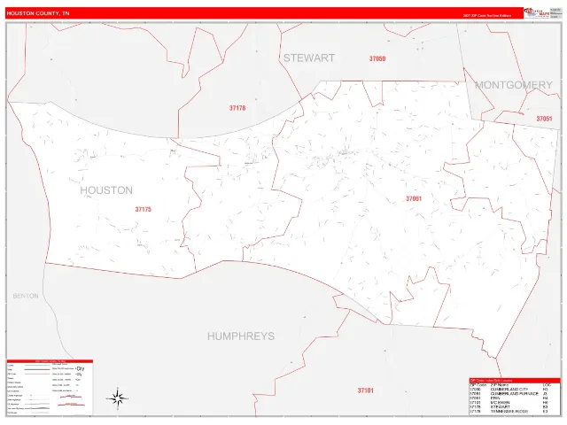 Houston County, TN ZIP Code Wall Map, RedLine style