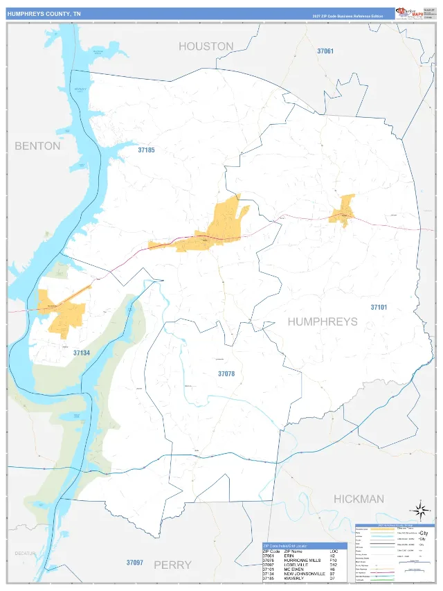 Humphreys County, TN ZIP Code Wall Map, Business Reference style