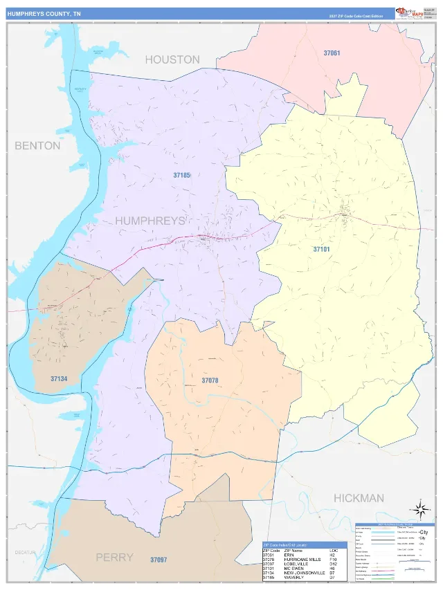 Humphreys County, TN ZIP Code Wall Map, ColorCast style
