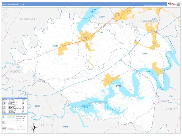 Jefferson County, TN ZIP Code Wall Map, Business Reference style