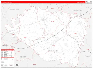 Jefferson County, TN RedLine style ZIP Code wall map
