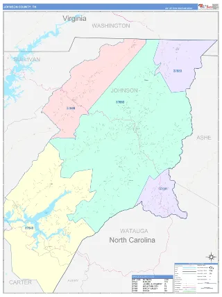 Johnson County, TN ColorCast style ZIP Code wall map