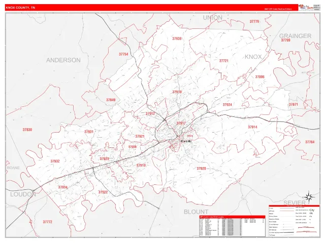Knox County, TN ZIP Code Wall Map, RedLine style