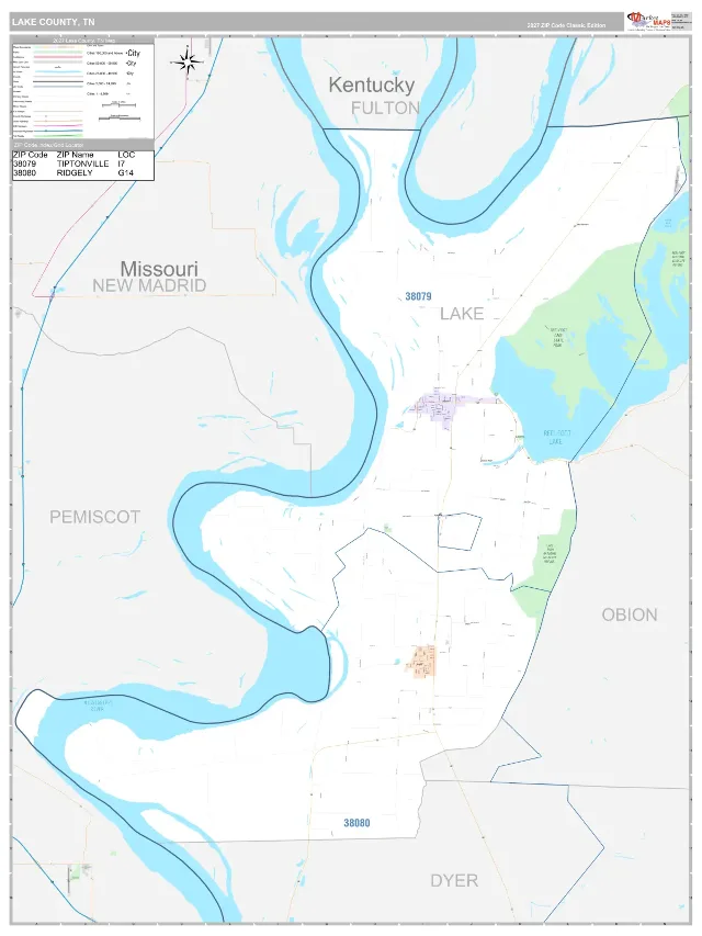 Lake County, TN ZIP Code Wall Map, Classic style