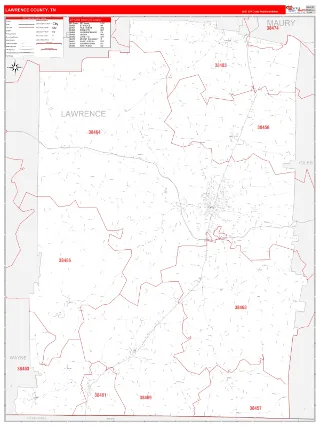 Lawrence County, TN RedLine style ZIP Code wall map