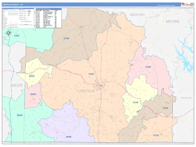 Lincoln County, TN ZIP Code Wall Map, ColorCast style