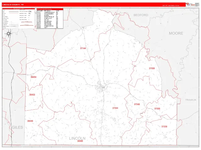 Lincoln County, TN ZIP Code Wall Map, RedLine style