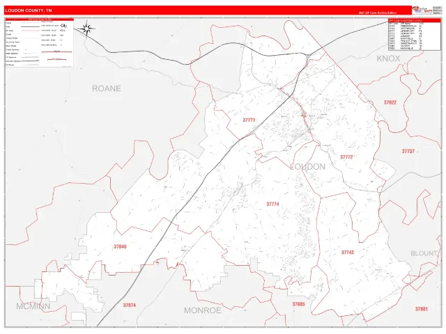 Loudon County, TN ZIP Code Wall Map, RedLine style