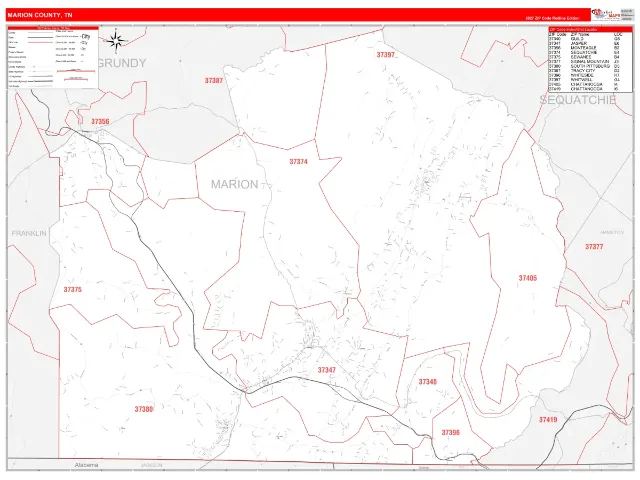 Marion County, TN ZIP Code Wall Map, RedLine style