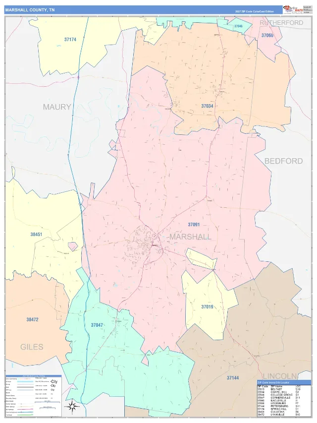Marshall County, TN ZIP Code Wall Map, ColorCast style