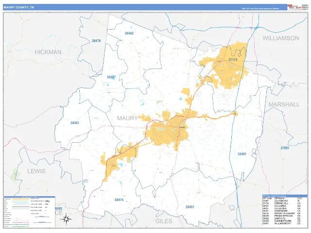 Maury County, TN ZIP Code Wall Map, Business Reference style