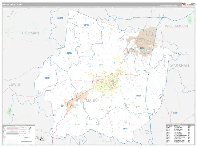 Maury County, TN ZIP Code Wall Map, Classic style