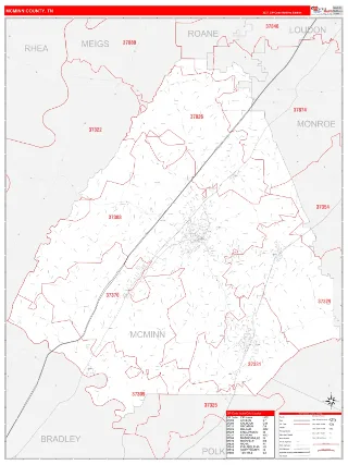 McMinn County, TN RedLine style ZIP Code wall map