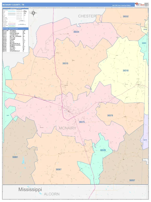 McNairy County, TN ZIP Code Wall Map, ColorCast style