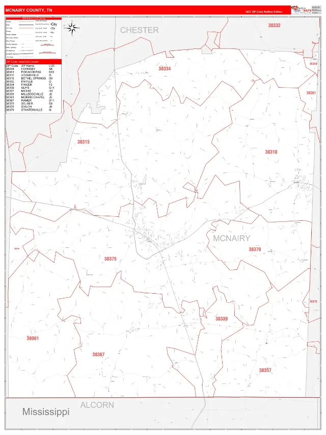 McNairy County, TN ZIP Code Wall Map, RedLine style
